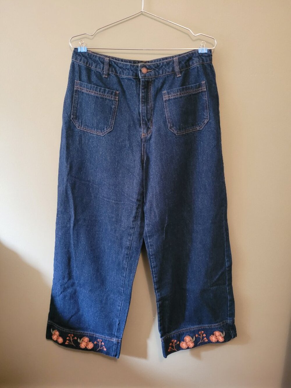 Princess Highway Dark Blue Flare Jeans with Orange Embroidery